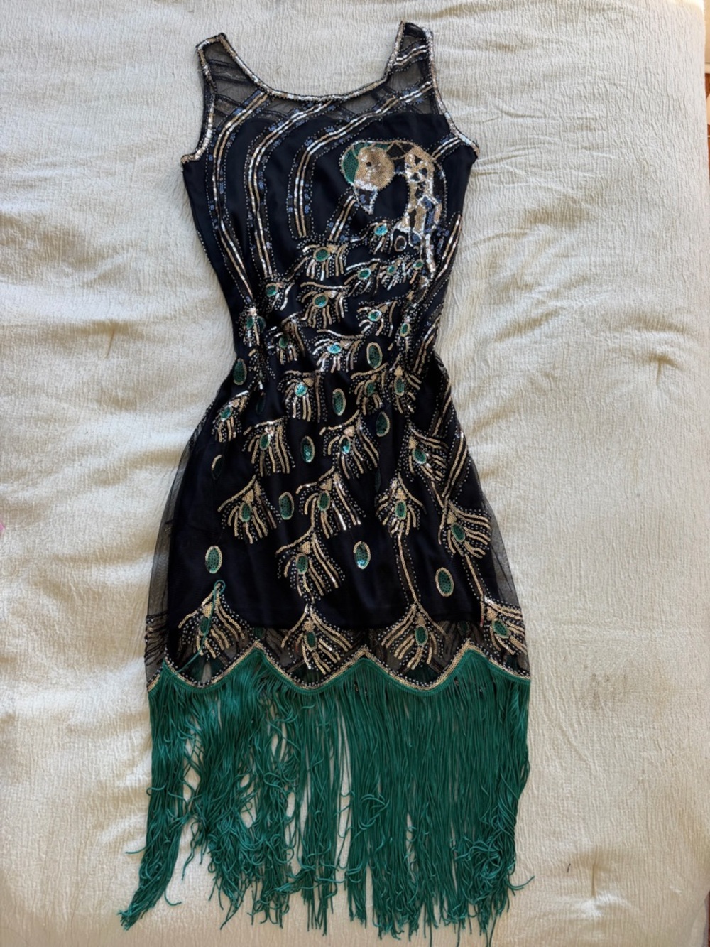Embellished Black & Green Fringe Cocktail Dress - 1920’s Gatsby styled dress